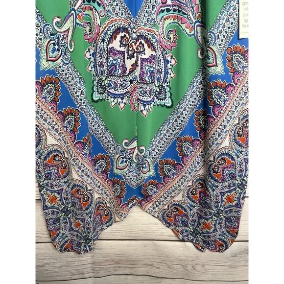 MSK Handkerchief Dress Size 16 Halter Top Paisley Green Blue BOHO Hippie Gypsy - Picture 4 of 16